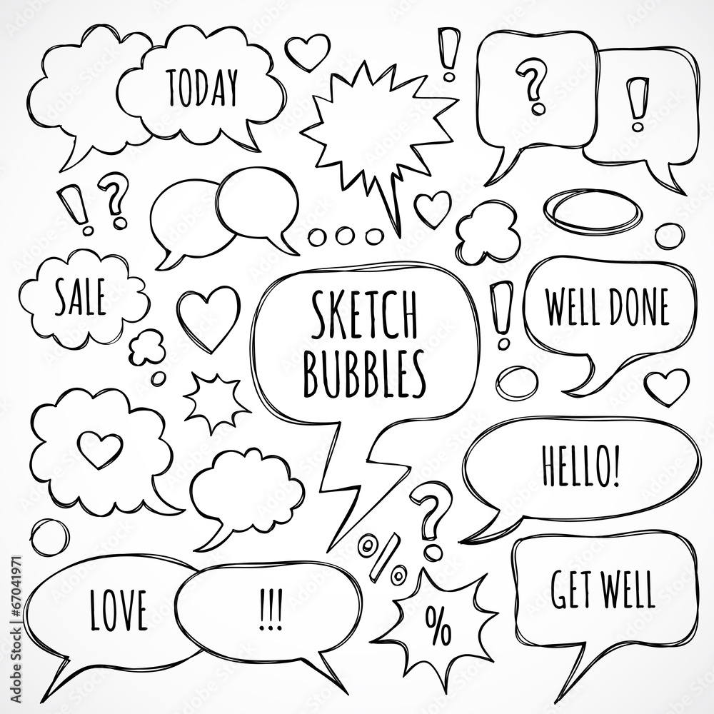 Vector hand drawn set of sketch speech bubbles and clouds Vector hand drawn set of sketch speech bubbles and clouds
