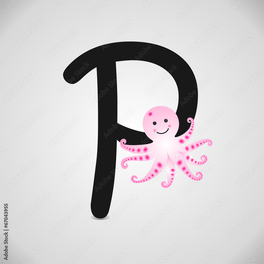 Letra P. Pulpo. Abecedario español. Ilustración infantil vectorial