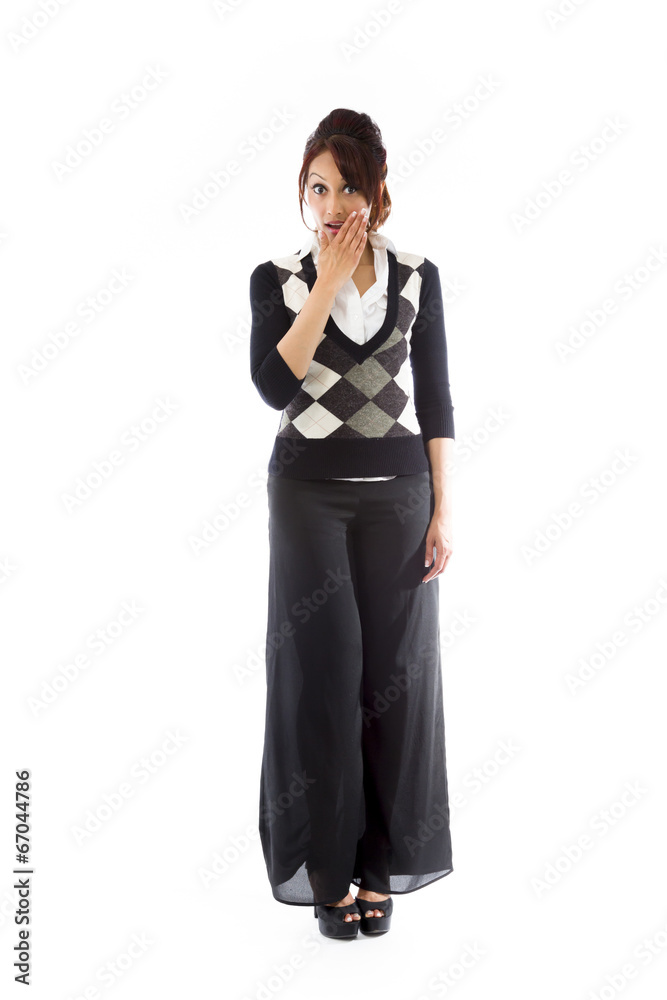 Shocked Indian woman with hand over mouth isolated on white Shocked Indian woman with hand over mouth isolated on white