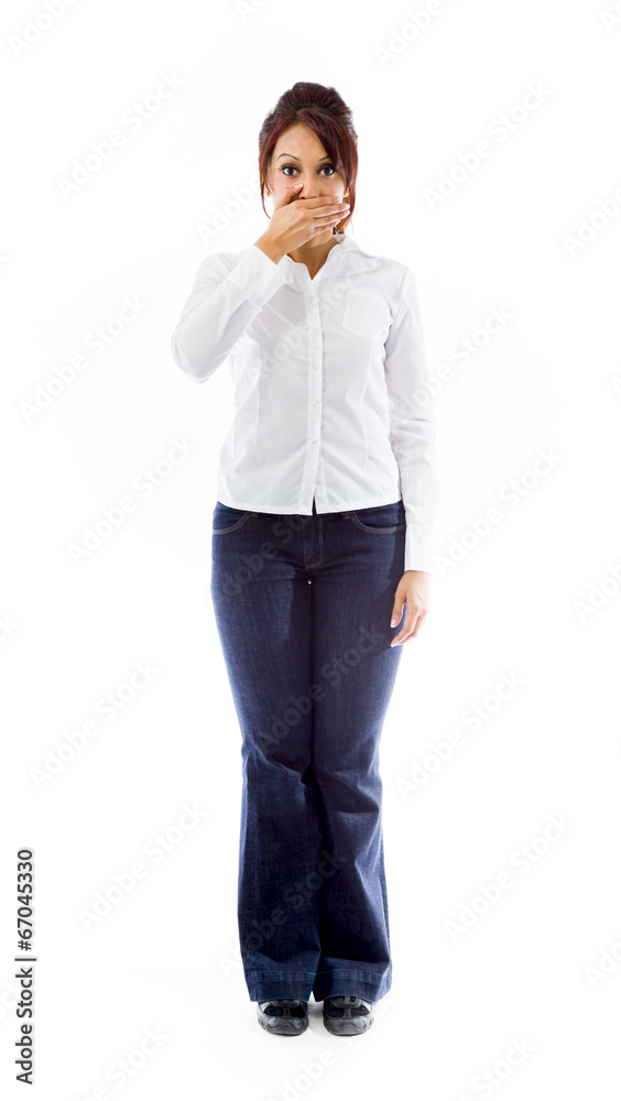 Indian young woman with hand over mouth isolated on white Indian young woman with hand over mouth isolated on white