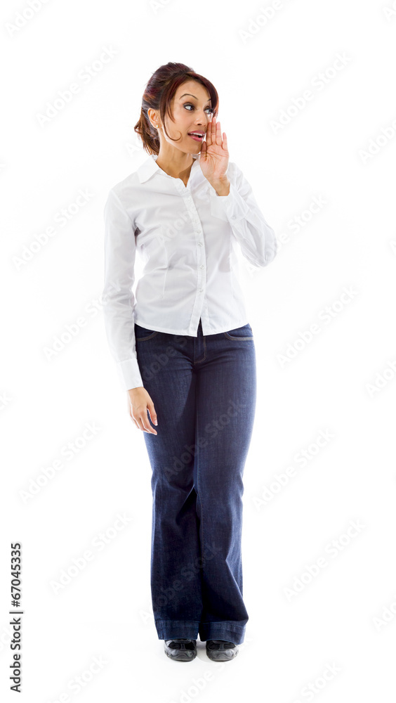Indian young woman whispering message isolated on white Indian young woman whispering message isolated on white