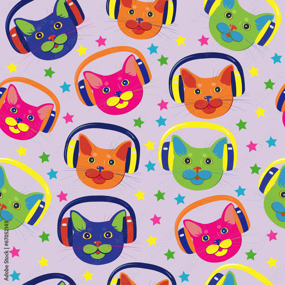 seamless pattern of colored cats with headphones seamless pattern of colored cats with headphones