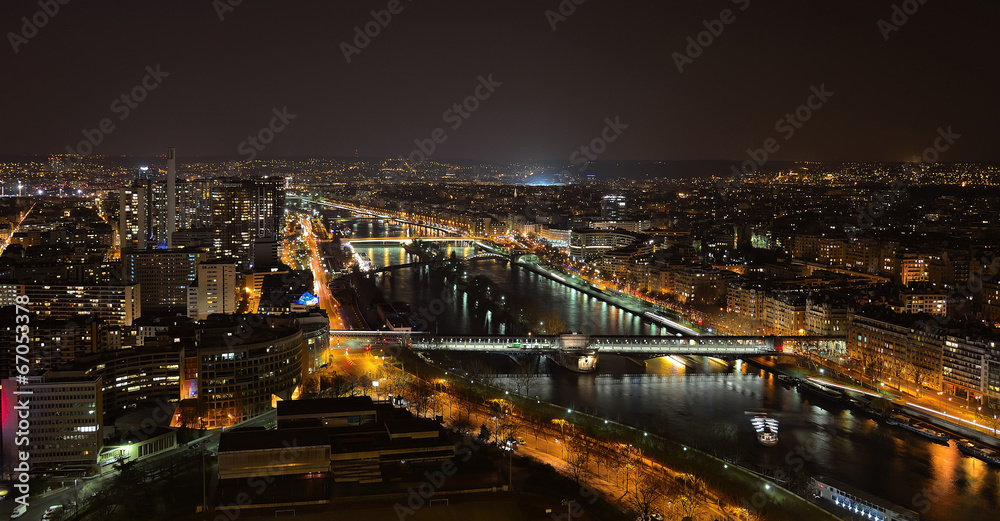 Night Paris and the Seine from the Eiffel Tower