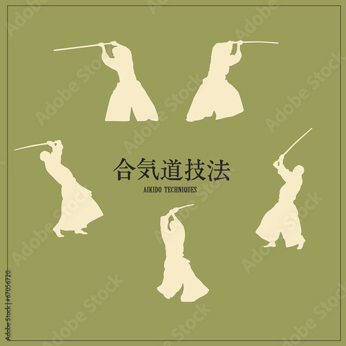 Illustration, men engaged aikido, on a green background.