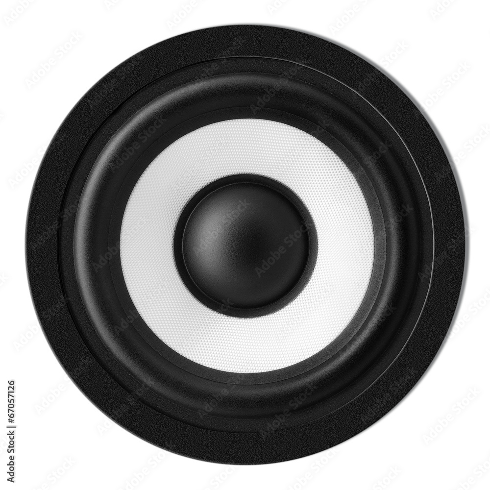 Close up of audio black loudspeaker isolated white Close up of audio black loudspeaker isolated white