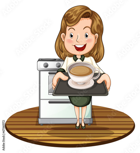 A woman holding a tray with a hot drink