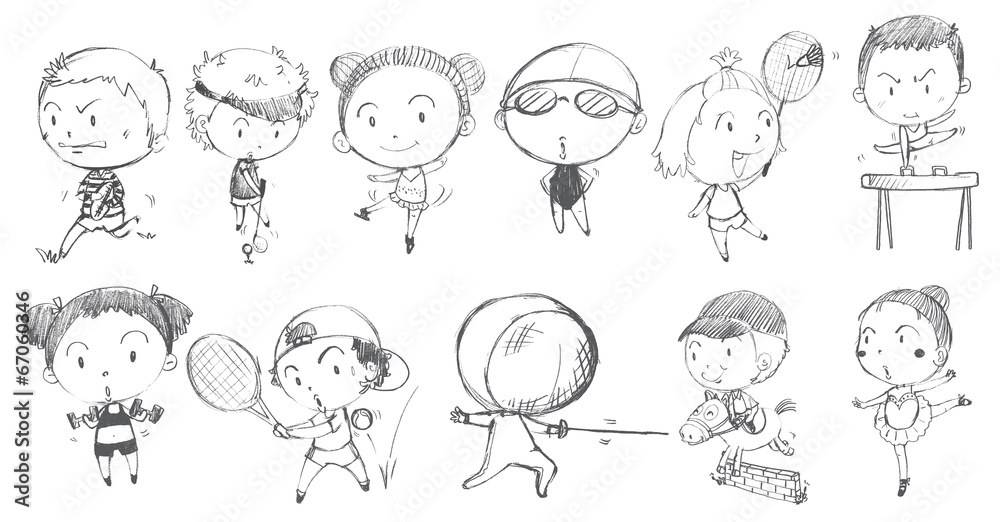 Doodle design of kids playing with the different sports