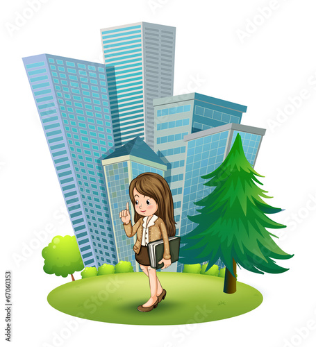A woman near the pine tree across the tall buildings