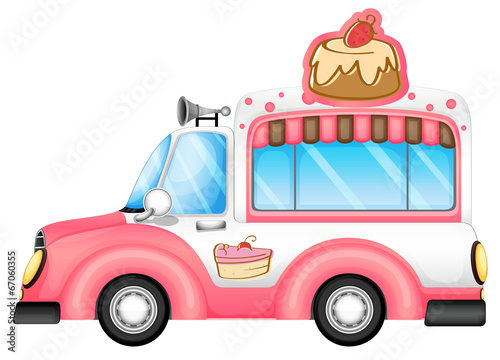 A pink vehicle selling cakes