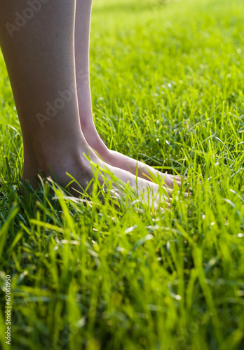 Foot in the grass. Legs on the grass