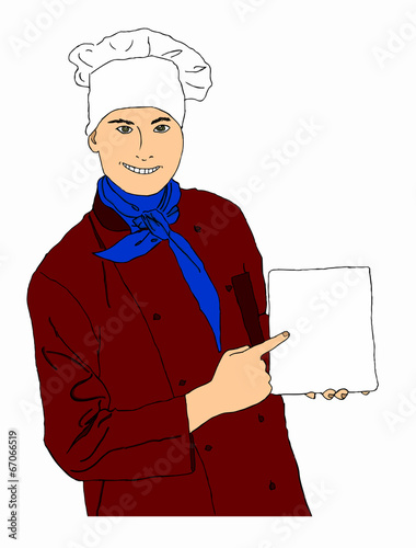 chef con menù su sfondo bianco