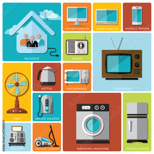 Electronic Machine And House Flat Icon Set