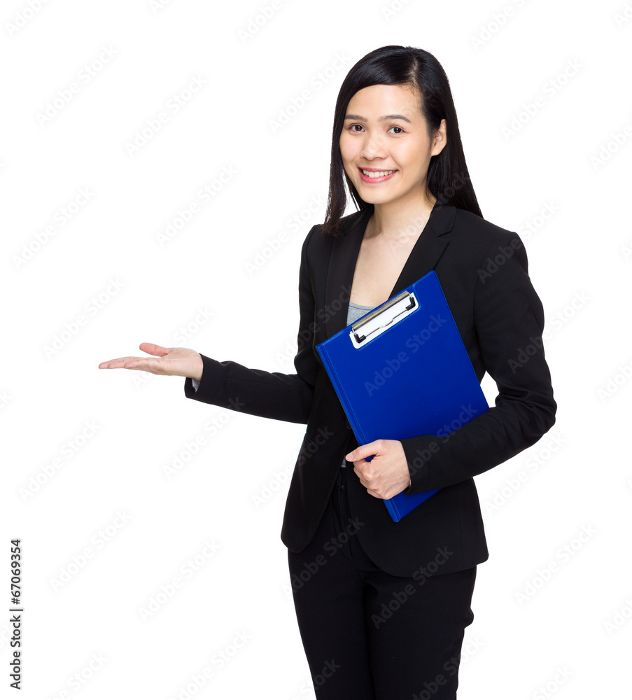 Businesswoman with clipboard and hand present something Businesswoman with clipboard and hand present something