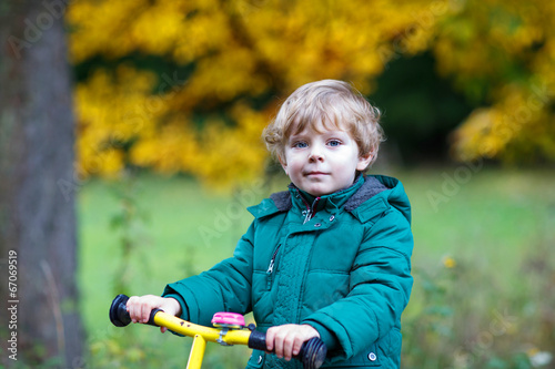 Cute active preschool boy driving on his bike in autumn forest