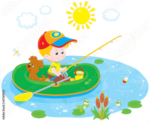 Boy with his pup in an inflatable boat fishing