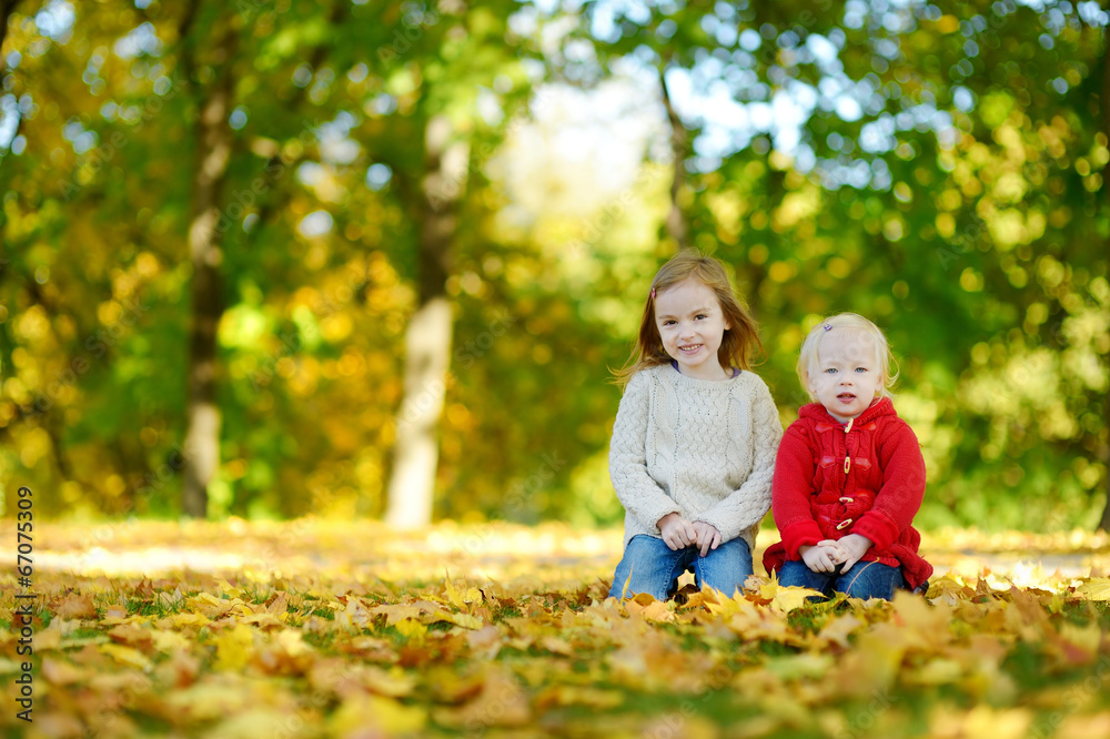 Two sisters having fun in beautiful autumn park Two sisters having fun in beautiful autumn park