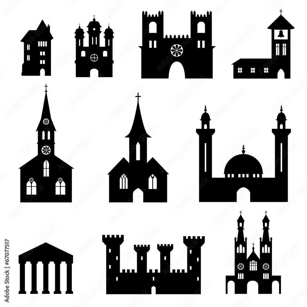 Black silhouette pack of buildings, churches and castles