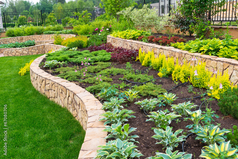 Naklejka premium Landscape design in home garden, landscaping of residential backyard or yard