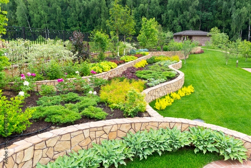 Landscape design in home garden, beautiful landscaping in backyard in summer photo