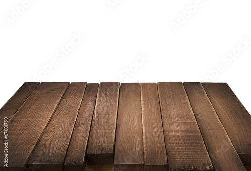 Wood table in perspective on white background