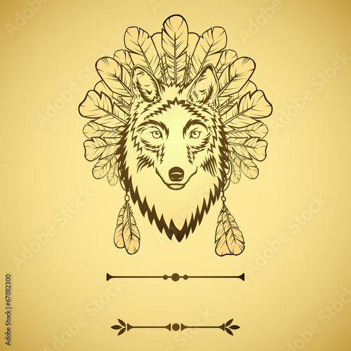 Totem illustration with wolf and feathers