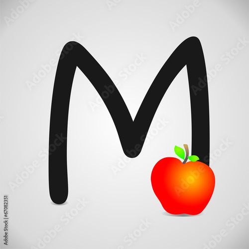 Letra M. Manzana. Abecedario español. Ilustración infantil vectorial