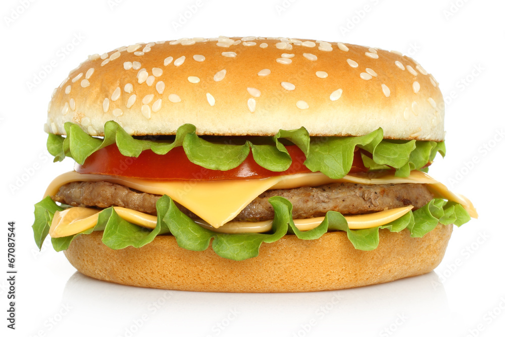 Big hamburger on white background .