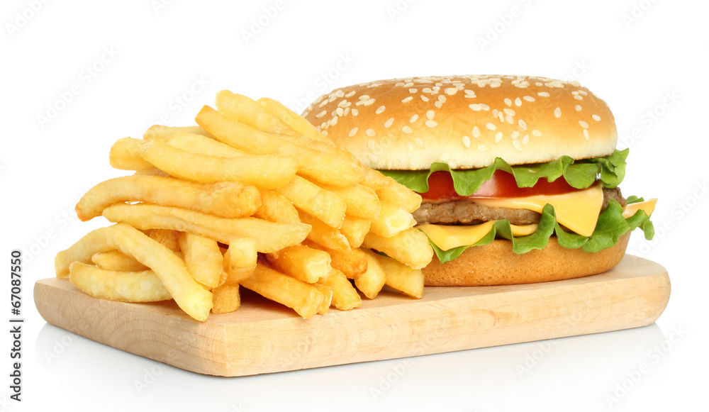 Hamburger and potato free on white background.