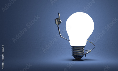 Light bulb with big hands in moment of insight on blue