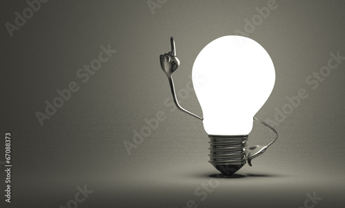 Light bulb with big hands in moment of insight on gray