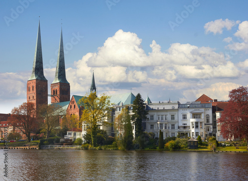 Trave river, old historic town of Lubeck, Germany