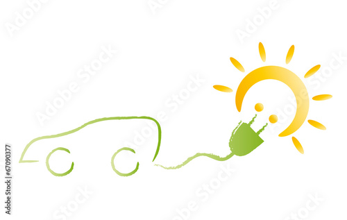 Energiewende, Verwendung alternativer Energiequellen, Elektroauto fährt mit Solarstrom, grüner Energie, Sonne tanken, Auto mit Elektromotor, Nachhaltigkeit, Klimaschutz, Logo, Vektor, isoliert photo