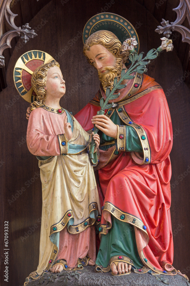 Bruges - The neo gothic statue of st. Joseph in st. Giles church