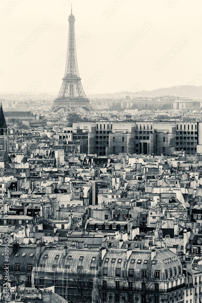 Naklejka premium Widok z lotu ptaka Paryżu z Wieżą Eiffla. Czarny i biały