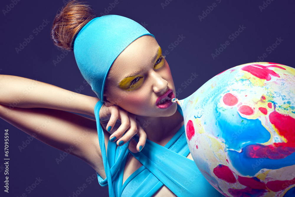 Naklejka premium Eccentric Woman with Fancy Stagy Makeup and Air Balloon