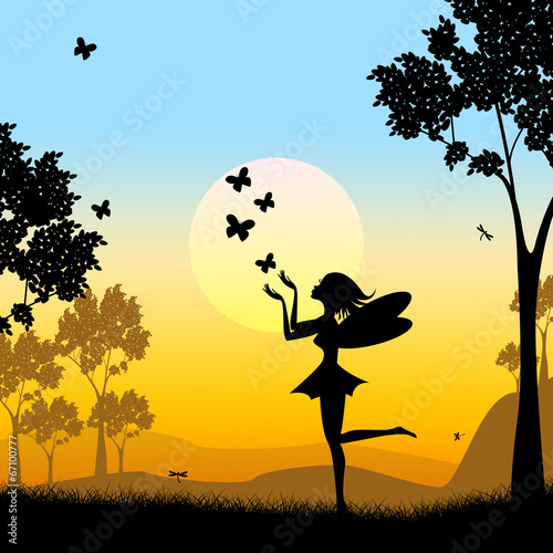 Obraz na plátně Silhouette Fairy Shows Faries Fairyland And Silhouettes