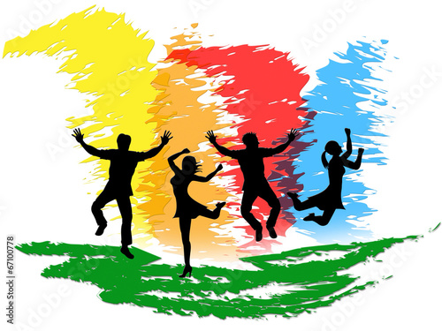 Jumping People Indicates Colorful Active And Happiness
