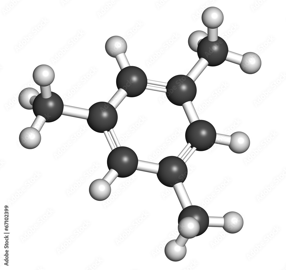 Mesitylene aromatic hydrocarbon molecule. Important solvent. Mesitylene aromatic hydrocarbon molecule. Important solvent.
