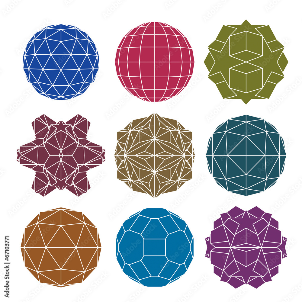Collection of 9 single color complex dimensional spheres and abs
