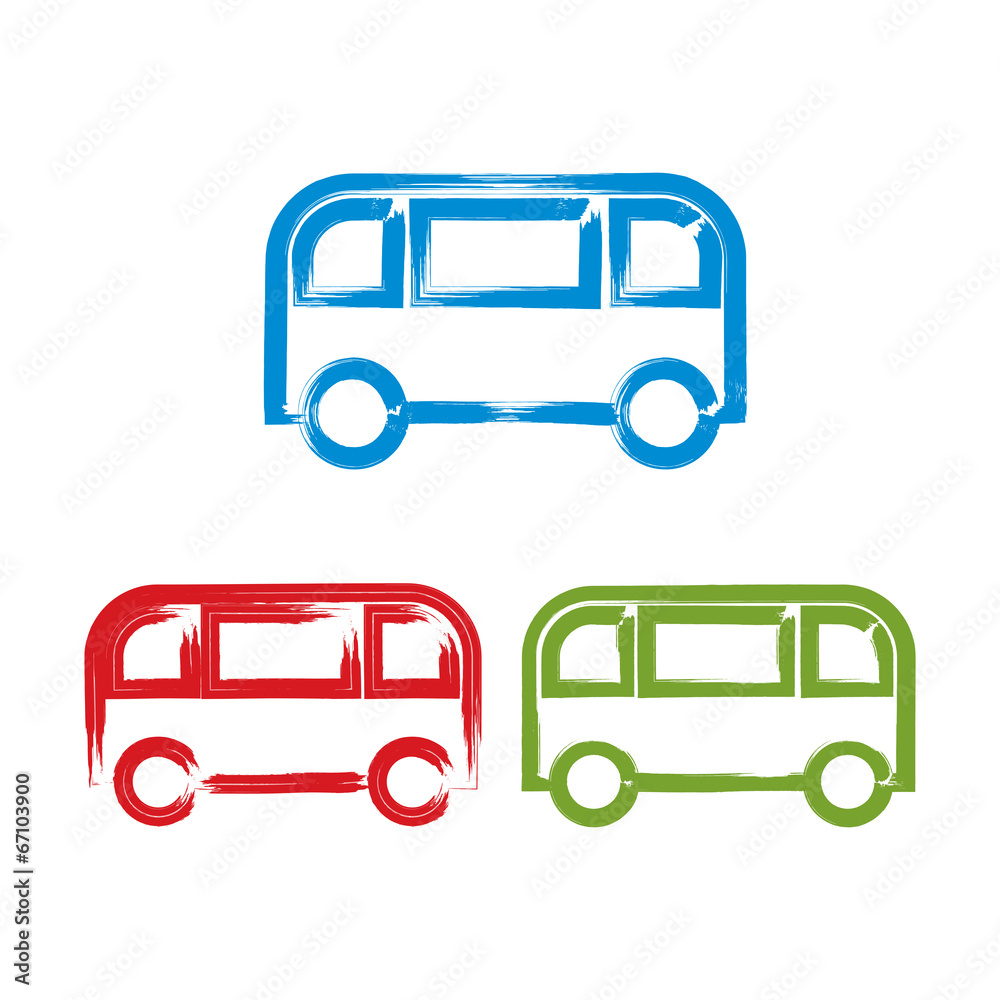 Set of hand-drawn colorful bus icons, illustrated brush drawing