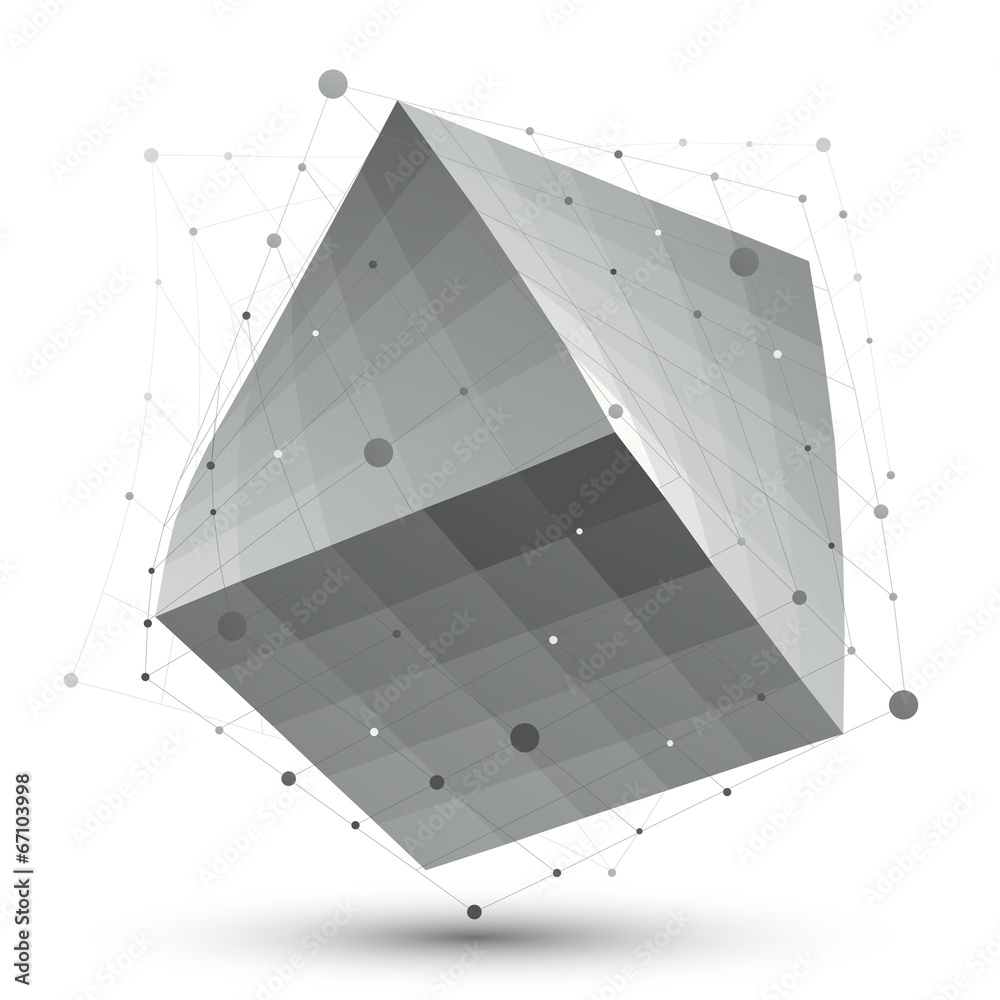 Distorted 3D abstract object with lines and dots isolated on whi