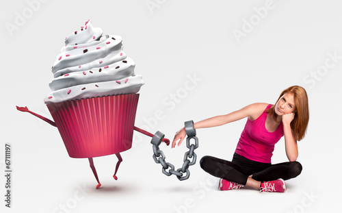 Woman handcuffed to a cupcake