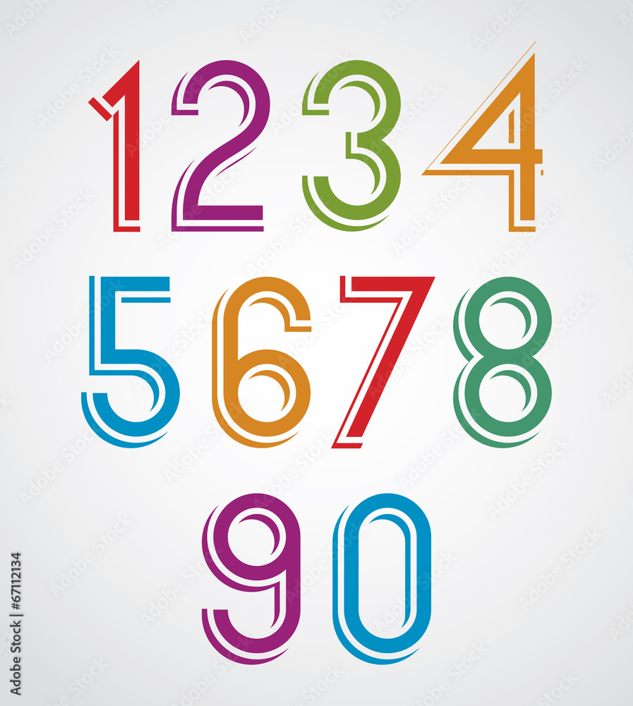 Colorful cartoon slim rounded numbers with white outline.