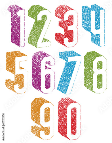 Retro style 3d geometric numbers set with hand drawn lines textu