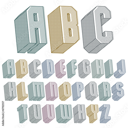 3d font with lines textures, simple shaped geometric letters alp