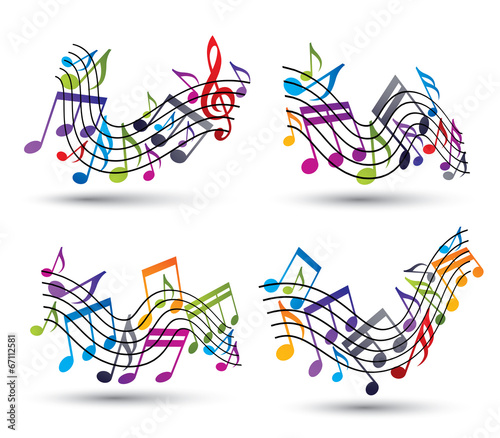 Bright jolly vector staves with musical notes on white backgroun