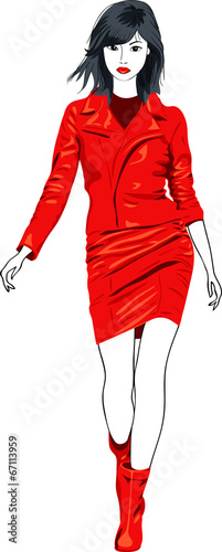 vector fashion Asian girl in a red leather suit