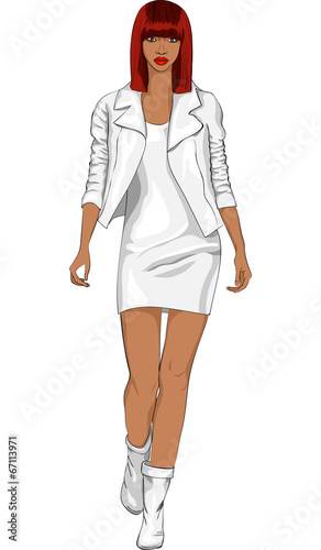 vector fashion black girl in a white leather suit