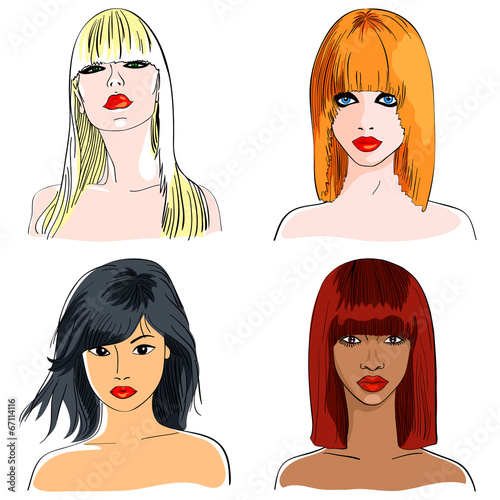 vector set blond and foxy caucasian, asian and african girls