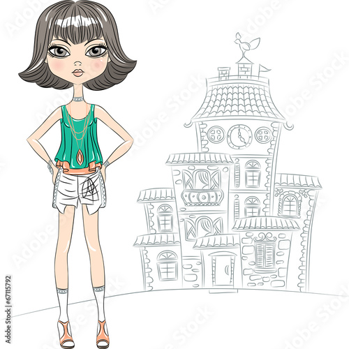 Vector hipster fashion girl top model in the city
